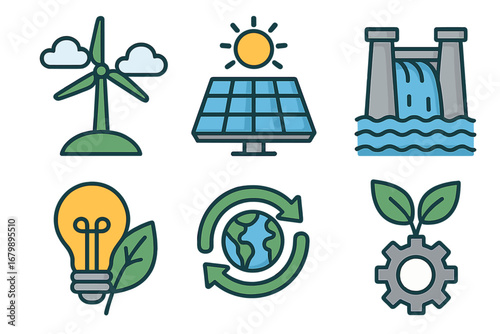 Renewable energy icon set. Clean power concepts. Vector illustrations of wind turbine, solar panel, hydroelectric dam, green technology, recycling and eco friendly ideas.