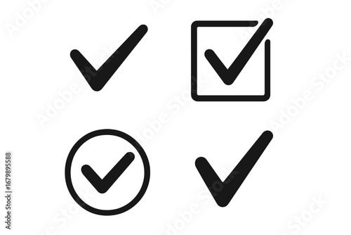 Check mark icon set. Black tick symbol collection for vote, approval, success concept. Correct, yes, ok sign for web button, checklist. Isolated vector graphic elements.