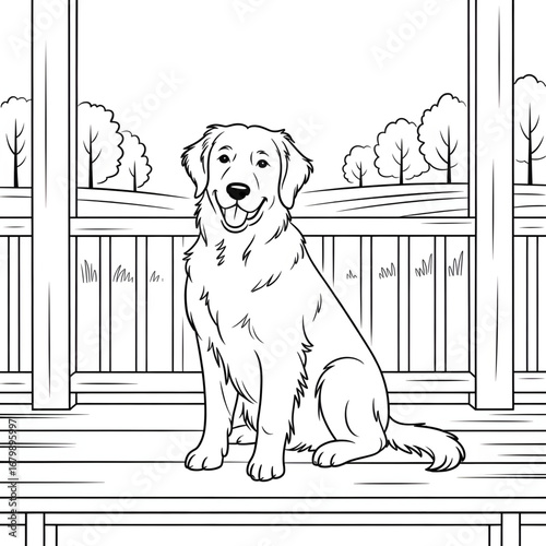 "Domestic Dog Relaxing on Porch – Golden Retriever at Countryside House"