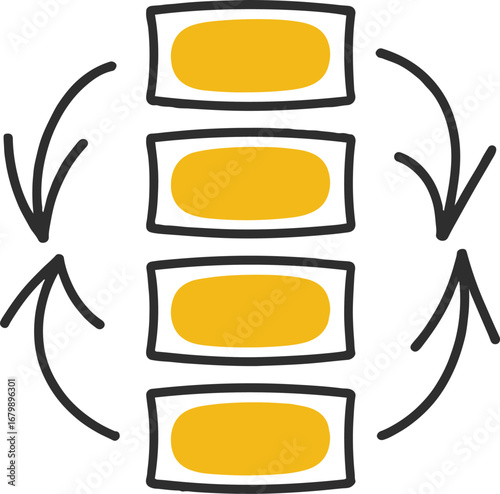Vector art of hand drawn doodle of spine with arrows, representing chiropractic care, back pain relief, spinal alignment, and overall health and wellness through medical treatment