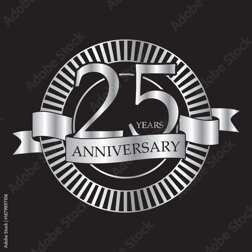 25th anniversary emblem in gradient silver color. 25 years icon isolated on a black background