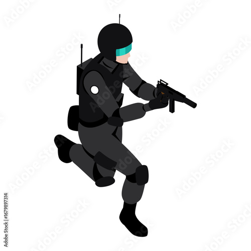 Isometric View of a Futuristic Tactical Soldier in Black Gear Running with a Rifle During a Covert Operation