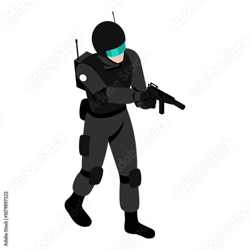 Isometric illustration of a futuristic special forces soldier in black tactical armor