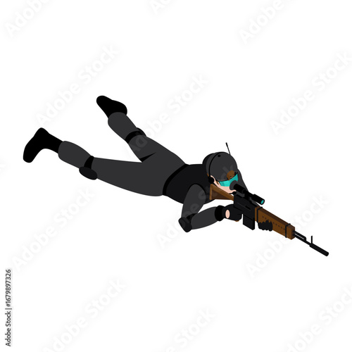 Isolated vector illustration of a sharpshooter in black tactical gear aiming a sniper rifle prone