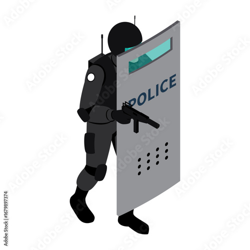 Law enforcement officer in full tactical gear with riot shield and firearm, ready for action