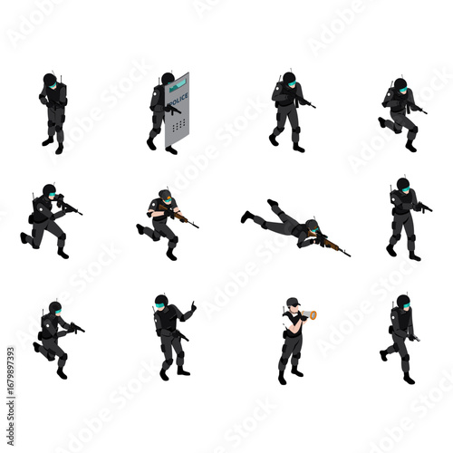 Set isometric SWAT team members in action Ready for duty in a tactical situation