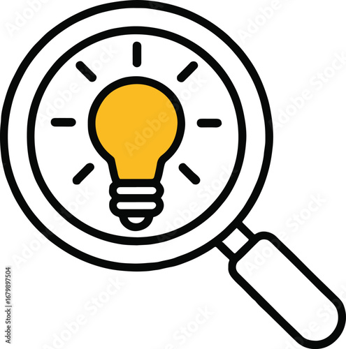 Vector art of magnifying glass with light bulb, representing idea search, innovative solutions, concept discovery, and strategic business planning for future success and growth