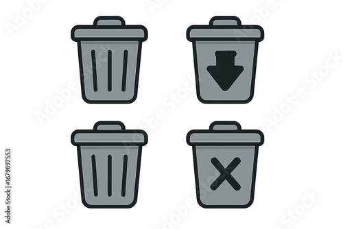 Trash bin icon set. Vector cartoon illustration of dustbin, waste, and delete symbols. Garbage can for UI web design. Remove, junk, and recycle concept icons.