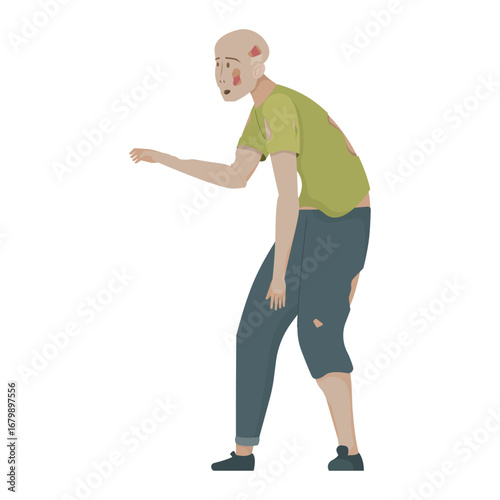Vector graphic of a creepy, pale, gaunt character in torn clothing, a disheveled, shambling figure
