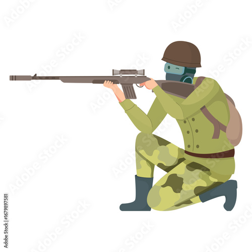 Soldier in tactical gear with a sniper rifle, crouching and aiming
