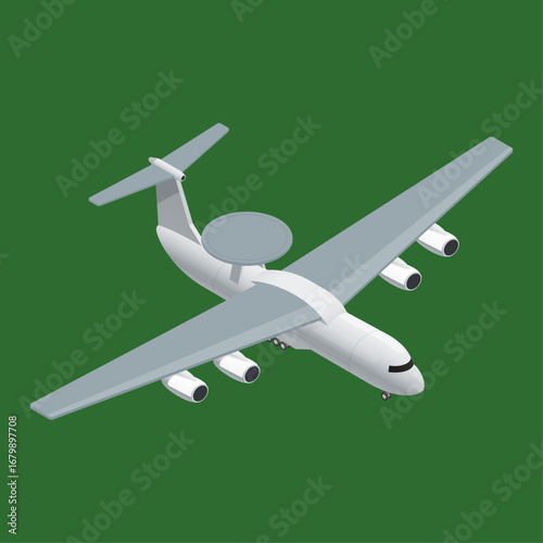Advanced military surveillance aircraft with radar dome on green background