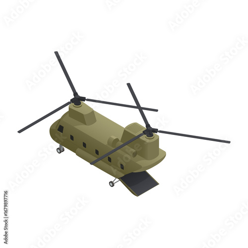 Military transport helicopter with tandem rotors and rear ramp, isometric view illustration