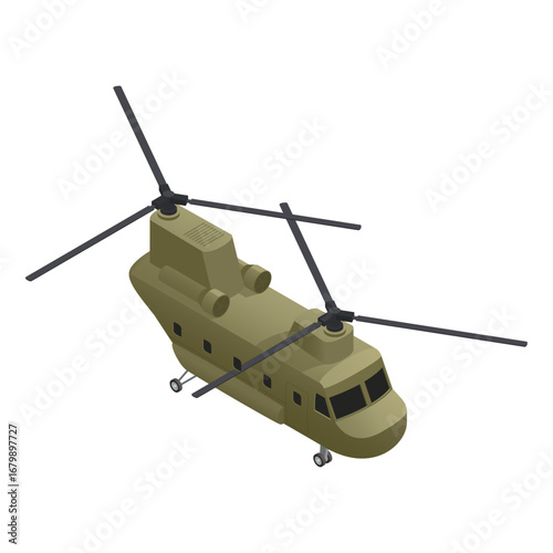 Isometric military transport helicopter with tandem rotors for army aviation concepts