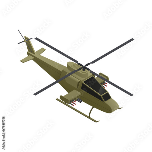 Military helicopter with missiles on white background isometric illustration