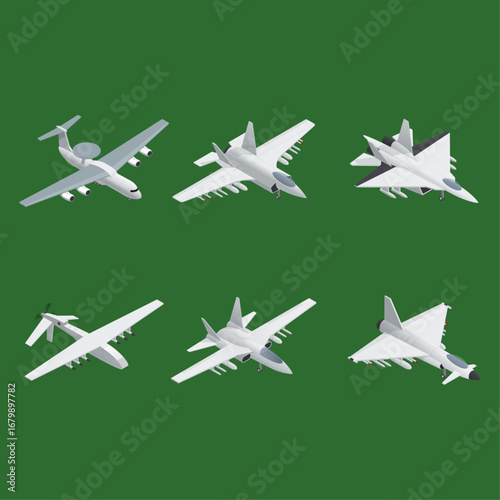 Set Military Airplanes in Isometric View Against a Green Background