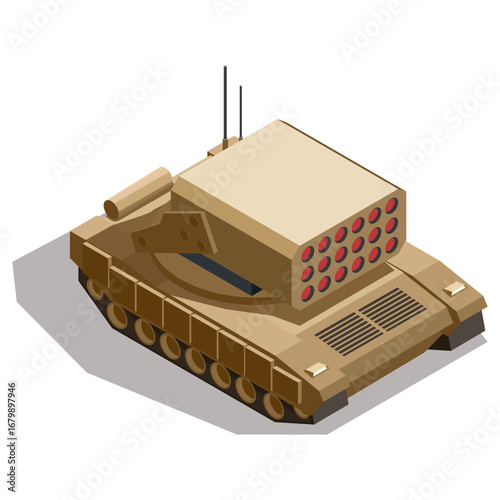 Isometric view of a self-propelled military multiple rocket launcher combat vehicle