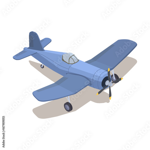 Isometric illustration of a light blue vintage airplane with propeller and shadow