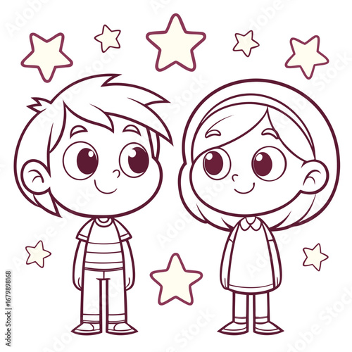 Cartoon boy and girl with stars children
