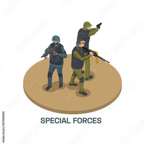 Isometric Special Forces Team with Guns, Tactical Gear and Uniforms