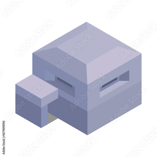 Minimalist isometric building illustration with a detached entrance block