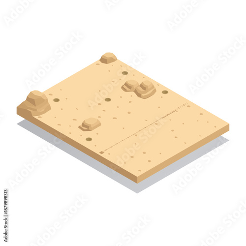 Isometric sandy desert ground with scattered rocks, barren land, and dry terrain in a digital illustration style