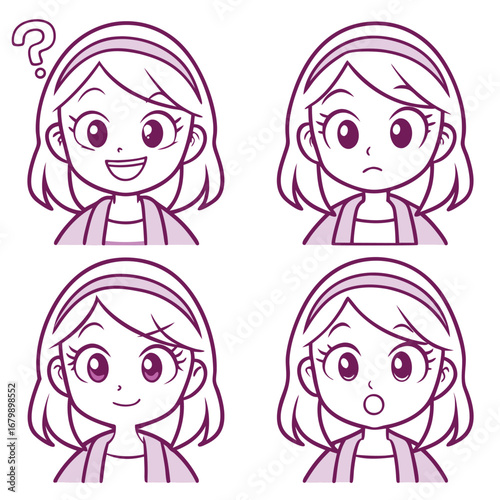 Girl expressions with purple outlines and shading anime girl cartoon