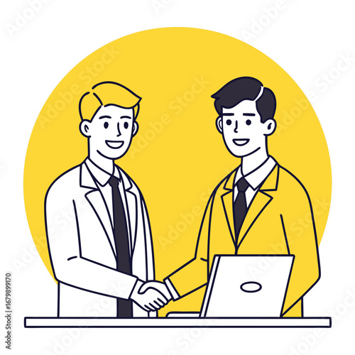 Two men shaking hands at desk with laptop business handshake