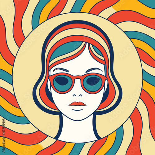Woman face with sunglasses and wavy background retro