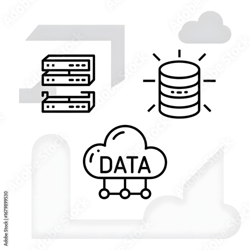 Data Storage and Cloud Server Infographic – Minimal Black and White Vector Illustration