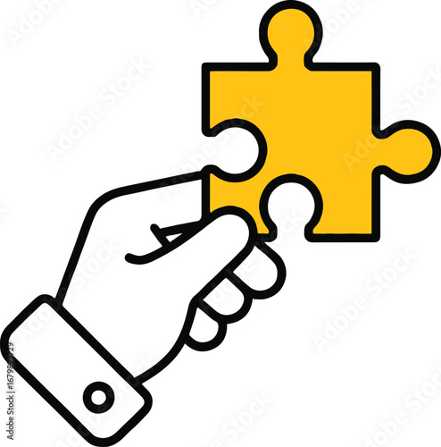 Vector art of hand holding a yellow puzzle piece, representing teamwork, problemsolving, and strategic thinking for business success and achieving common goals through cooperation