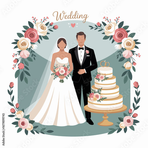 Happy bride and groom with wedding cake and floral arch