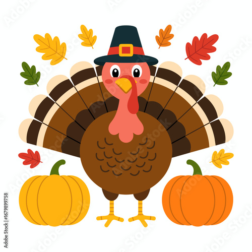 Cute cartoon turkey with pumpkins and autumn leaves for thanksgiving celebration