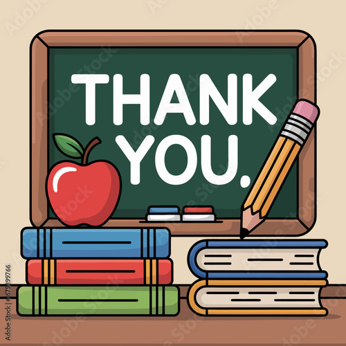 Thank you message on a chalkboard with books and apple