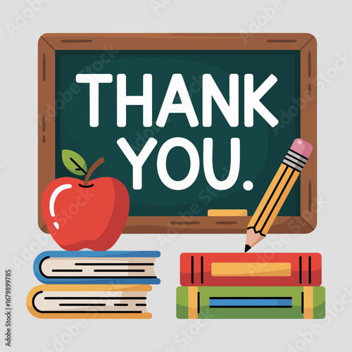Thank you message on chalkboard with apple and books for teacher appreciation