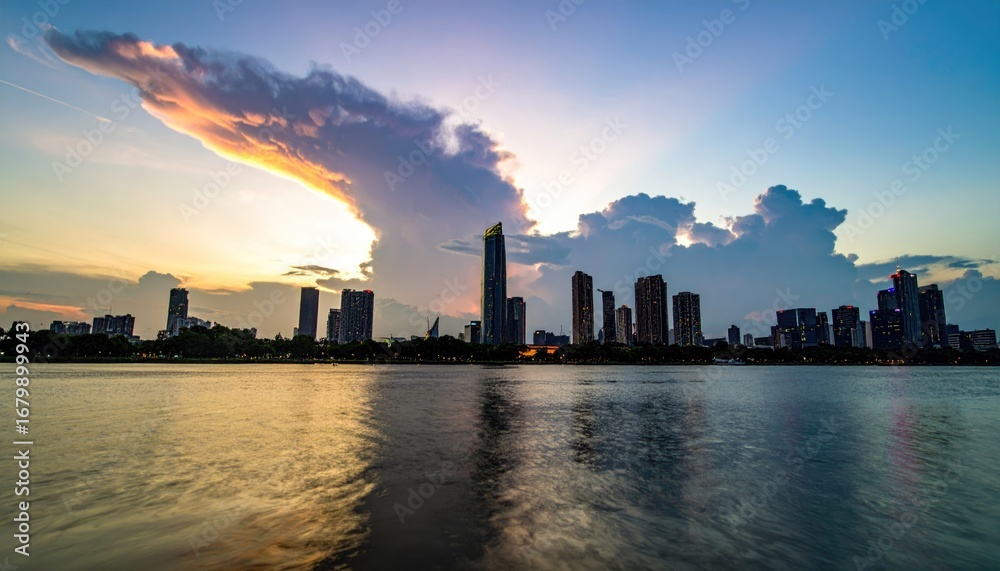 Obraz premium Whale-Shaped Clouds Over City Skyline at Dawn