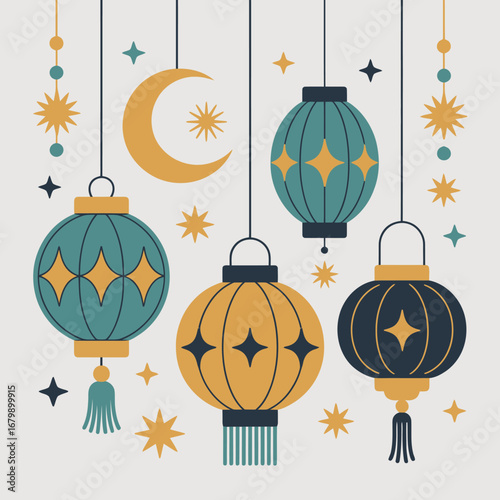 Decorative hanging lanterns and celestial elements in a festive arrangement