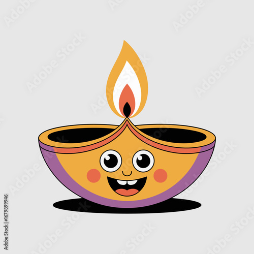 Cute cartoon diya with a happy face and flame
