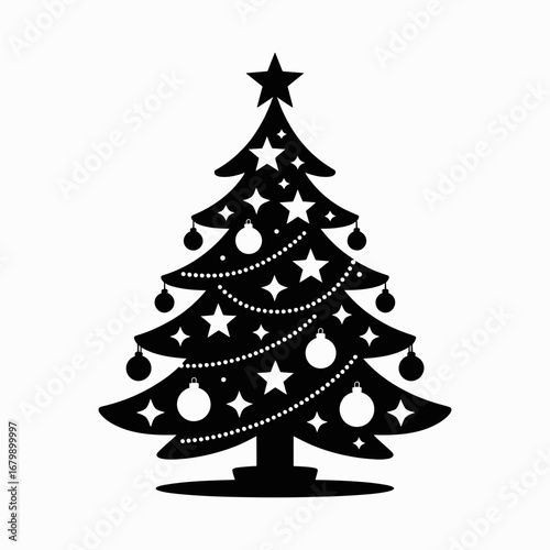 Black silhouette of a decorated christmas tree with stars and ornaments