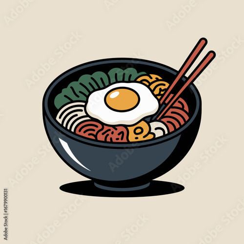 Delicious korean bibimbap with fried egg and chopsticks