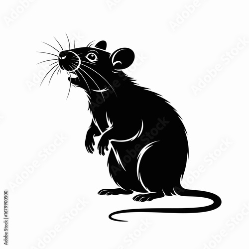 Black silhouette of a rat standing on its hind legs with whiskers and tail