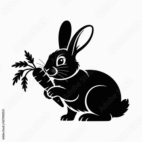 Black silhouette of a cute bunny rabbit holding a carrot