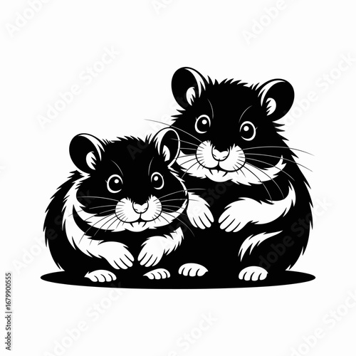 Two cute black and white cartoon hamsters sitting together