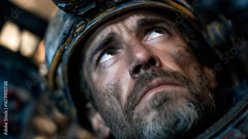 Close-up Portrait of a Dirty, Determined Miner Looking Upward, Wearing a Hard Hat with Headlamp, Underground Mining Concept, Industrial Labor