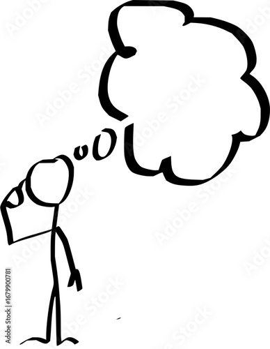 Stick figure contemplating with thought bubble above, expressing ideas and possibilities