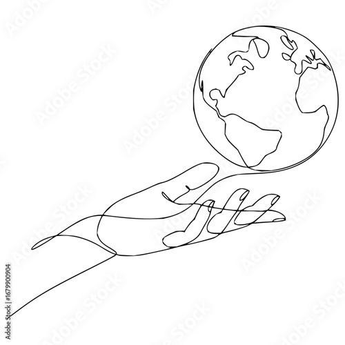 Elegant world globe in hand one line drawing style representing global care and connection