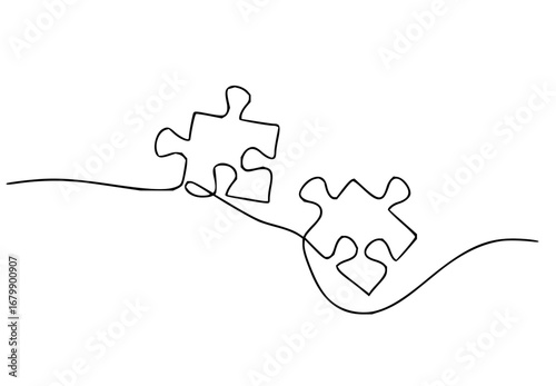 Connecting ideas with a single line puzzle piece graphic for innovation and problem solving