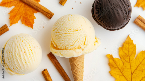 Top view of assorted ice creams in warm autumn colors, surrounded by cinnamon sticks
