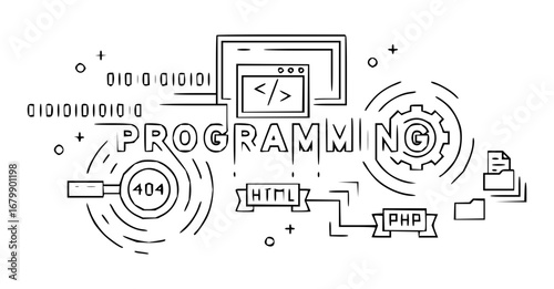 Modern programming design showing HTML, PHP, 404 error, coding, and web development