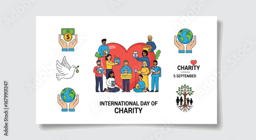 International day of charity poster with people and symbols of giving and support for others