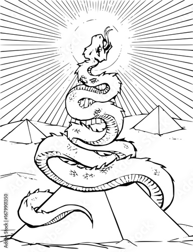 Serpent guardian of ancient pyramids in black and white illustration with radiating sun rays art